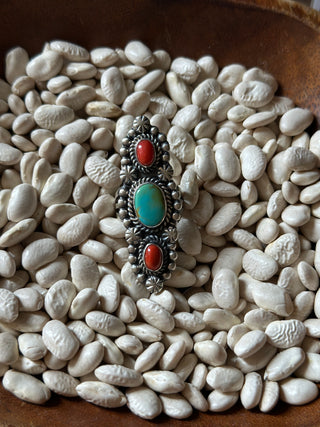 Red Coral - Turquoise Ring