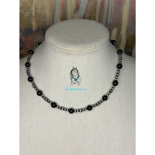 Onyx Rounded Bead x Sterling  Pearl Necklace